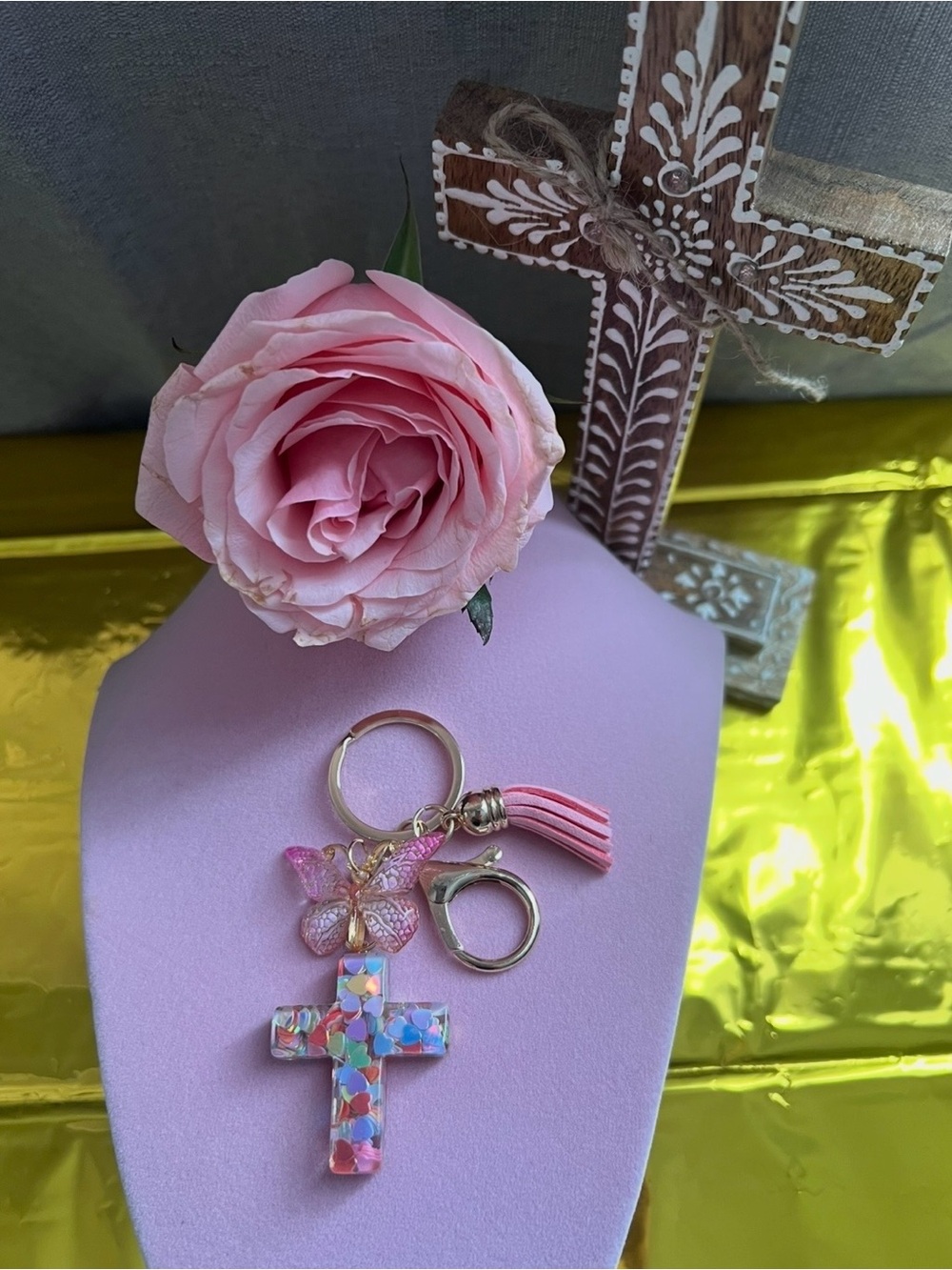 Pink Confetti Cross Keychain with Tassel and Butterfly Charm